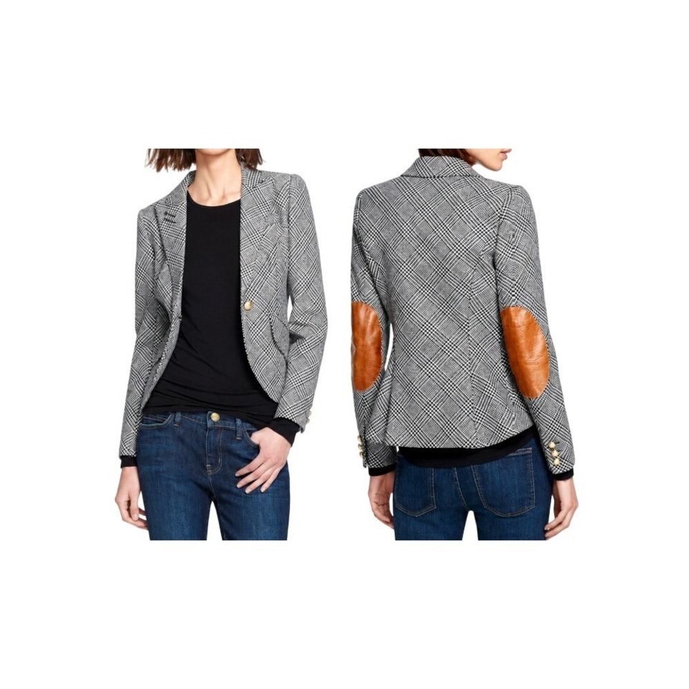 Smythe Womens 4 Black White Plaid Wool Blend Duchess Leather Elbow Patch Blazer